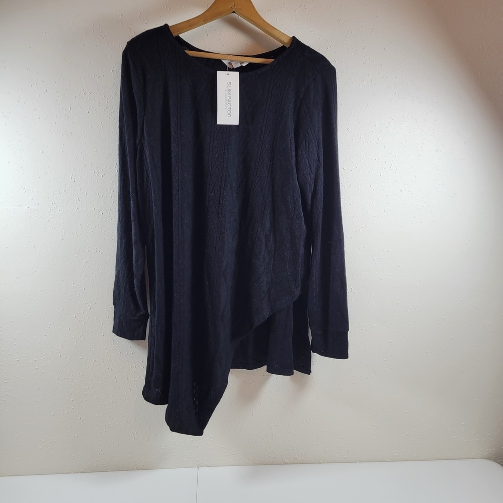 NWT Slim Factor Tunic Top Women L Black ‎ Asymmetrical Layered Cable Knit Tunic